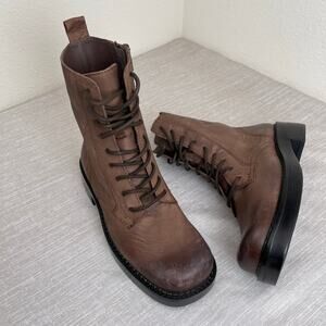 ZARA Women Brown Distressed Combat Boots Lace Up Lug Sole Size 34